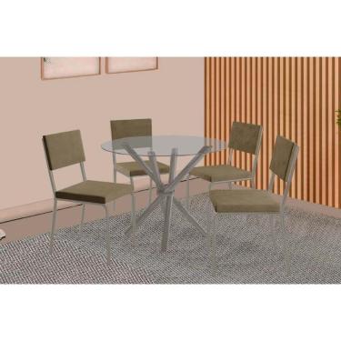 Imagem de Conjunto: Mesa Sala Jantar Volga C- Tampo De Vidro 95cm E 4 Cadeiras Zaria Niquel - Suede Bege - Kappesberg