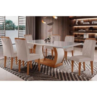 Imagem de Conjunto Mesa Sala Jantar Jade Tampo Madeirado Com Vidro Curvo 180x90 E 6 Cadeiras Amsterdã Imbuia Suede Creme Rufato