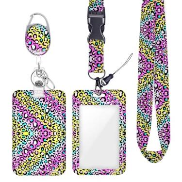 Imagem de Cordão de crachá colorido arco-íris neon leopardo para crachá para crachás de identificação, protetor de trabalho, clipes de mosquetão retráteis, cordão de chave resistente para mulheres, enfermeira