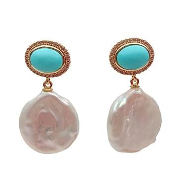 Imagem de Brincos pendentes estilo escritório 19 x 21 mm branco cultivado em água doce Keshi pérola em forma de moeda azul turquesa cz pavê