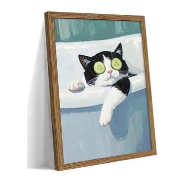 Imagem de Arte de parede em tela de gato smoking emoldurado, decoração de parede de fotos de banheiro, impressão de pôster de gato engraçado no banho, humor negro, pintura animal, arte para banheiro
