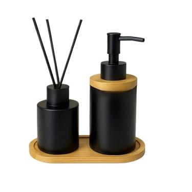 Imagem de Kit Banheiro de Cerâmica 2 Peças – Dispenser Porta Sabonete Líquido e Porta Escova de Dente | Ideal para Lavabo e Decoração Elegante(PRETO DIFUSOR LISO)