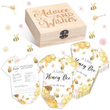Imagem de RattanView 50 peças de cartas de conselhos e previsão de chá de bebê de abelha dupla face jogo A Little Honey Is on the Way Gênero Neutro Decoração de festa com caixa de lembrança de madeira cartões