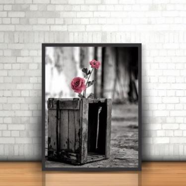 Imagem de Quadro Moldura Tumblr Caixa Madeira Preto E Branco Rosa Flor - Plinpli