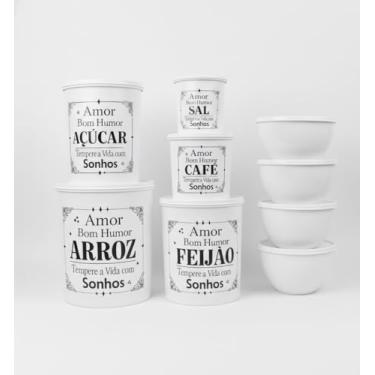 Imagem de Kit de Potes para Mantimentos 9 Peças – Plástico Branco Decorado, Tampa Encaixe, Organização de Cozinha, Ideal para Arroz, Feijão, Açúcar, Café e Sal – Modelo Premium