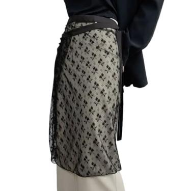 Imagem de Ubxvamm Saia longa feminina coreana transparente com lantejoulas flor renda lenço moderno transparente meio avental saias cobrindo a saia