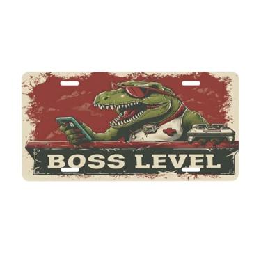 Imagem de Placa de carro de dinossauro Cool Boss para frente do carro placas de carro alumínio metal adequado para caminhão placa de porta de carro bar café acessórios automotivos para homens mulheres 15 x 30