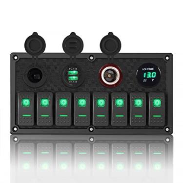 Imagem de GGTA Painel de interruptor marítimo, painel de interruptor basculante de 8 grupos, painel de interruptores de 12/24 V com voltímetro digital de LED 3,1 A, carregador USB duplo para carros automotivos