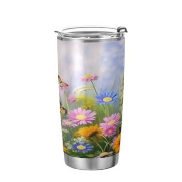 Imagem de xigua Copo de flores silvestres de jardim aquarela com tampa de palha, caneca de viagem a vácuo de parede dupla, caneca de café bem isolada, copo de aço inoxidável para bebidas quentes e frias, 600 ml