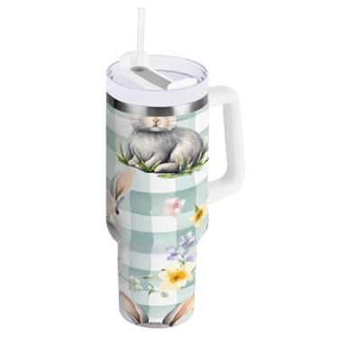 Imagem de ATTX Copo de coelho fofo de Páscoa de 850 g com alça, copo de aço inoxidável a vácuo de parede dupla com palha, caneca de café de viagem isolada #579