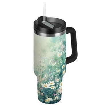 Imagem de ATTX Copo de pintura em aquarela de 1,134 g com alça, copo de aço inoxidável a vácuo de parede dupla com palha, caneca de café de viagem isolada #890