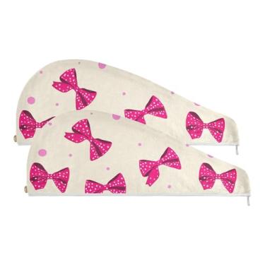 Imagem de SEHANY Linda toalha de cabelo de microfibra com laço rosa para mulheres, 2 peças, turbantes de cabelo de secagem rápida com botão, touca de cabelo seco absorvente toalha de secagem de cabelo para