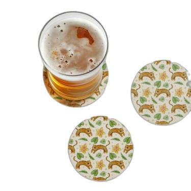 Imagem de Porta Copos Com Ilustração Personalizada Folhas Tropicais e Tigres em Aquarela - Tamanho 10x10 cm