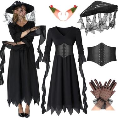 Imagem de Blosssound Fantasia feminina de cogumelo renascentista, cosplay, Halloween, acessórios, vestido, chapéu, luvas, orelhas de elfo, espartilho, Principalmente preto, M