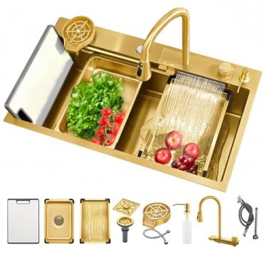 Imagem de Pia de cozinha de aço inoxidável de calibre 16 para estação de trabalho, pia de cozinha de tigela única com grade inferior de pia (68 cm x 45 cm, dourada)