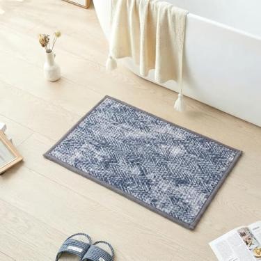 Imagem de HRILO Tapete de banho de tecido, tapete de banheiro moderno antiderrapante, lavável, ultraabsorvente, decoração minimalista de banheiro de secagem rápida (azul, 91 cm x 61 cm)