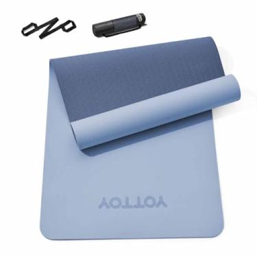 Imagem de Tapete de ioga, tapete de exercícios TPE antiderrapante (1/10.2 cm) para pilates, fitness e exercícios descalços, estúdio de academia em casa com alça e bolsa (azul, 78 x 0,60 cm)