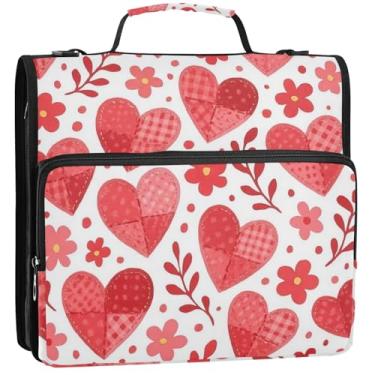 Imagem de Pastas com 3 anéis de corações vermelhos e rosa de 3 cm bolsa organizadora de fichários escolares com alça de ombro rosa com vários bolsos pasta grande para portfólio, 34,5 x 31,5 x 9 cm