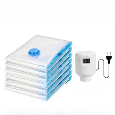 Imagem de Kit 10 Sacos a Vácuo Organizadores com Bomba Manual ou Elétrica para Roupas, Mala de Viagem e Guarda-Roupa(5 sacos + Bomba Elétrica 110V)
