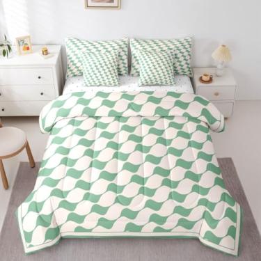 Imagem de Erosebridal Jogo de cama queen quadriculado verde bege, 7 peças, para crianças, adolescentes, simples, moderno, triangular, xadrez, buffalo, quadriculado, casa de fazenda, conjunto de lençol