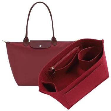 Imagem de OAikor Bolsa organizadora leve para bolsa Longchamp Le Pliage M, divisória média de feltro premium com suporte de copo, modelador de armazenamento de bolsas com 8 bolsos profundos, M/vermelho vinho