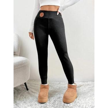 Imagem de Leggings femininas pretas com forro de lã canelada - calça térmica de inverno de cintura alta, Preto, Small