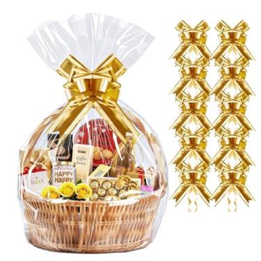 Imagem de PigPotParty Pacote com 10 sacos de celofane com 10 laços, embalagem grande de celofane de 61 cm x 76 cm para cestas de presente, sacos de presente de plástico transparente resistente a rasgos para chá