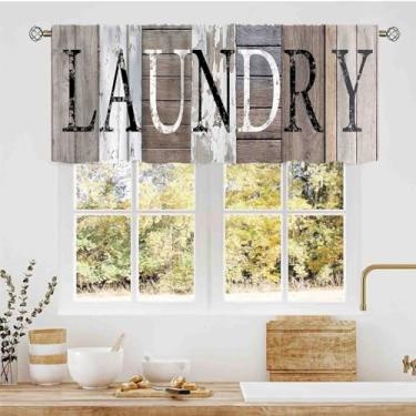 Imagem de TKUYO Cortinas de sanefa para lavanderia, citações rústicas de lavanderia rural, tábuas de madeira antigas, casa de fazenda, bolso para varão, pequena janela curta, para cozinha, café, sala de estar