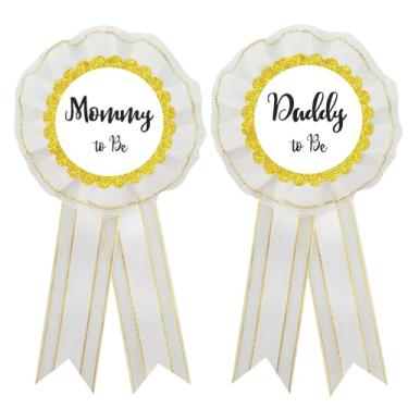 Imagem de 2 peças de broche de corsage para papai e mamãe, celebração de gênero revelar lembrancinha de festa, presentes de pai e mãe, decorações de chá de bebê, branco