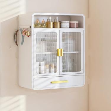 Imagem de Armário de parede para banheiro com portas de vidro deslizantes, organizador de prateleira dupla para maquiagem e medicamentos, armário de parede versátil para uso no quarto e na cozinha