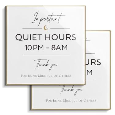 Imagem de Placa magnética Quiet Hours, pacote com 2, 15 x 15 cm, lembrete de ruído 22h às 8h para aluguel de férias, apartamento, dormitório, escritório, placa de parede com fitas adesivas, ouro elegante
