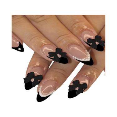 Imagem de Unhas Postiças Brancas Longas Com Pontas Francesas 24PCS Com Laço Rosa