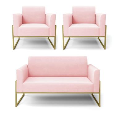 Imagem de Sofá Namoradeira Com 2 Poltronas Base Industrial Alta Dourado Marisa Suede Rosa Bebê D03 - D\'rossi