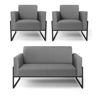 Imagem de Sofá Namoradeira Com 2 Poltronas Base Industrial Alta Preto Marisa Linho D03 - D\'rossi Cor A26 Grafite