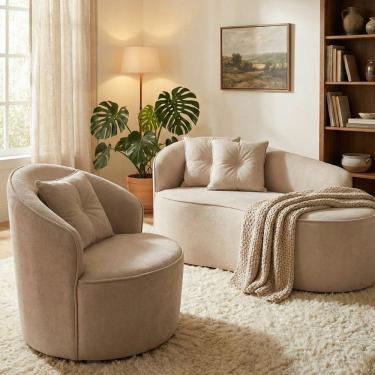 Imagem de Kit de 01 Sofá Orgânico Curvo Feijão + 01 Poltrona Confortável Sala Estúdio Amore Bouclê Bege - Montanari`s Decor