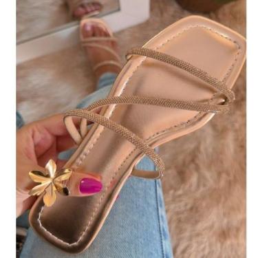 Imagem de Sandália Feminina Strass Metalizado Confortável Rasteirinha Brilhante 