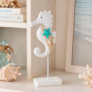 Imagem de Enfeite Decorativo Cavalo Marinho para Casa Praia em Madeira 30cm Estilo Náutico Branco