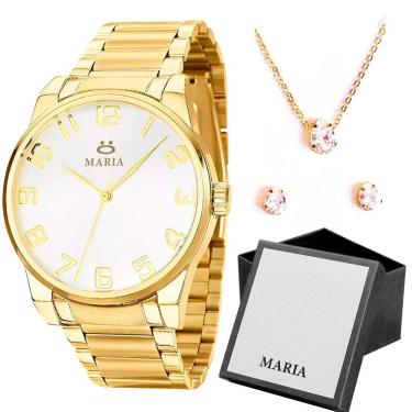 Imagem de relogio feminino dourado aço inox ou colar + brincos + caixa casual qualidade premium i...