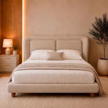 Imagem de Cama Japonesa Queen com Cabeceira Haru Estofada em Linho Bege Madeira Eucalipto Sallar Home