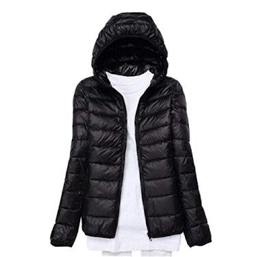 Imagem de Jaqueta Feminina Acolchoada Leve com Capuz Casaco Acolchoado Ultraleve Quente para Outono Inverno Preto P