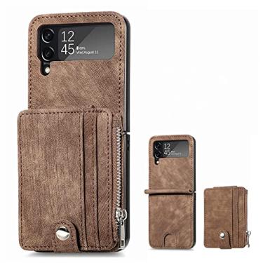 Imagem de Capa de cartão removível para Samsung Z Flip4 capa de telefone dobrável capa protetora pu carteira slots de cartão capa de telefone, marrom, para samsung Z flip4