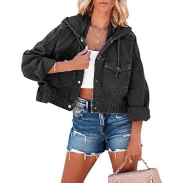 Imagem de Jaquetas Femininas Jaqueta Jeans Com Capuz Jaqueta Feminina De Manga Comprida Com Bolso Frontal Jaqueta Jeans Vintage Com Botão De Entalhe Casaco Curto Fino Para Festa,Preto,M,Pleasant63