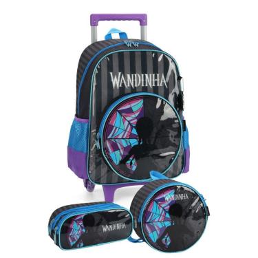 Imagem de Kit Escolar Mochila Rodinha Lancheira Estojo Duplo Wandinha