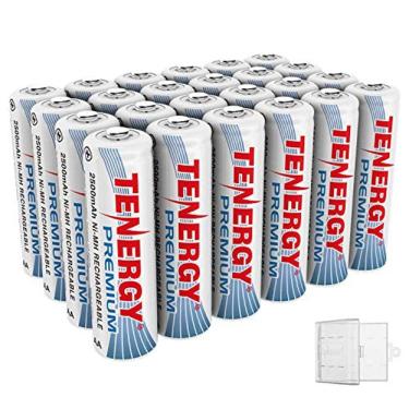 Imagem de Pacote com 24 pilhas AA recarregáveis premium da Tenergy, bateria AA NiMH de alta capacidade de 2500 mAh, bateria de cé AA com 6 suportes AA