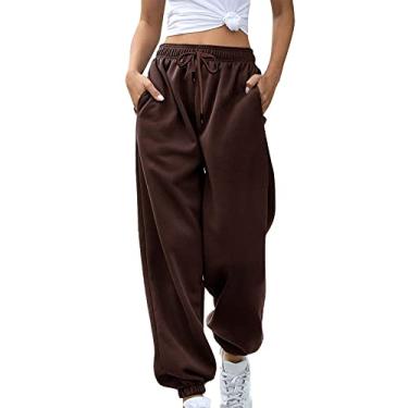 Imagem de Tawop Calça de moletom lisa para mulheres 2023 com cordão cintura elástica calça atlética calça justa calça larga Y2K, Marrom, M