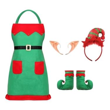 Imagem de Deevoka Aventais de Natal Avental de Elfo de Papai Noel, decoração de adereços de fotos, conjunto de fantasia de Natal com bolsos e chapéu para Mardi Gras, chapéu vermelho