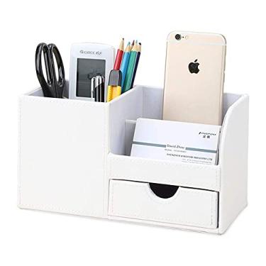 Imagem de (White-flannel) - KINGFOM Wooden Struction Leather Multi-function Desk Stationery Organiser Storage Box Pen/Pencil,Cell phone, Business Name Cards Remote Control Holder Colours (White-flannel)