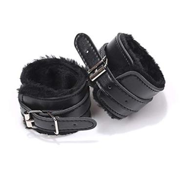 Imagem de Kicomvi Pulseira de algema fofa de pelúcia macia para pernas, punhos, tornozeleiras com corrente removível, unissex, romântico, em couro preto