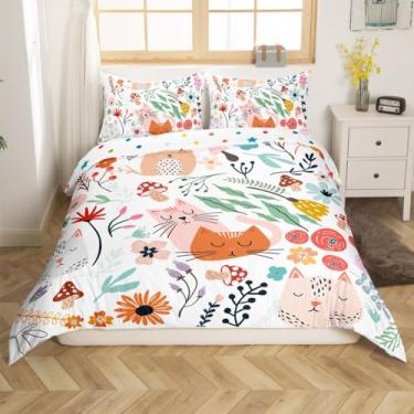 Imagem de Jogo de cama casal de desenho animado de gato, capa de edredom floral fofo animal gatinho para meninas e crianças, conjunto de cama infantil com folhas de plantas arco-íris, aquarela, cogumelo,