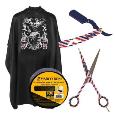 Imagem de Kit Barbeiro Capa De Corte Tesoura Navalhete Gola Higiênica - MARCO BO